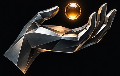 The Steady Hand Labs mark: a faceted steel open hand holding a glowing amber orb.